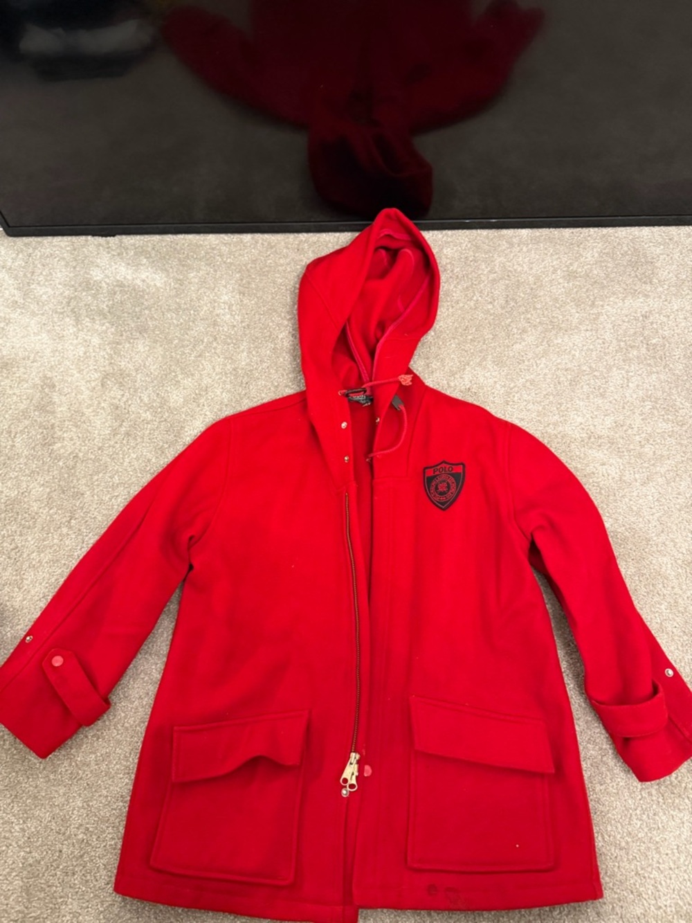 Red Hooded Coat with Crest Patch